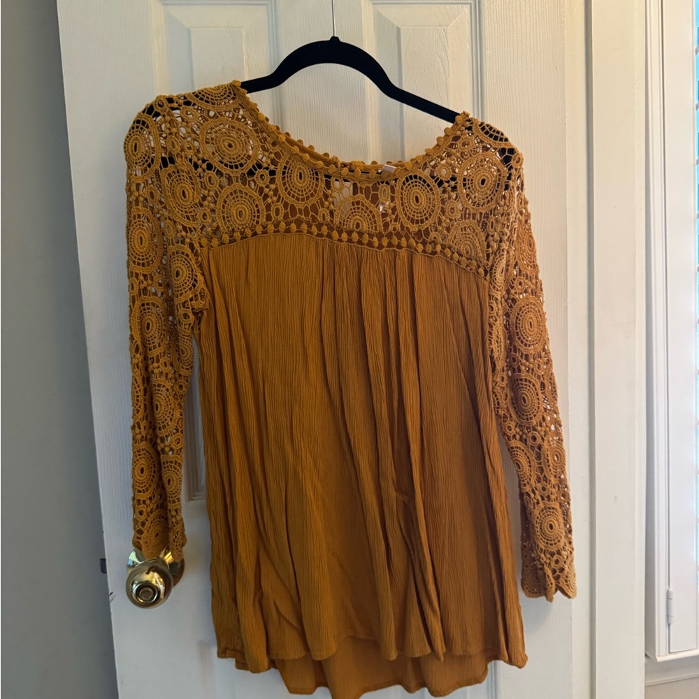 Xhilaration Mustard Crochet Lace Blouse